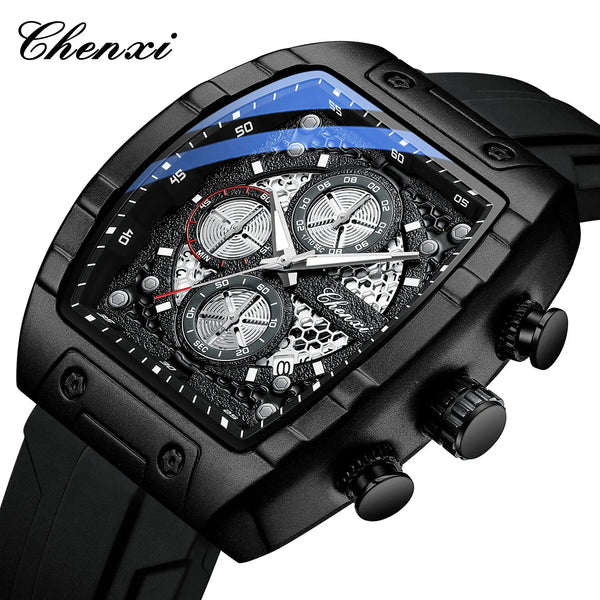 Reloj para hombre con correa de silicona negra, cronógrafo y fechador.